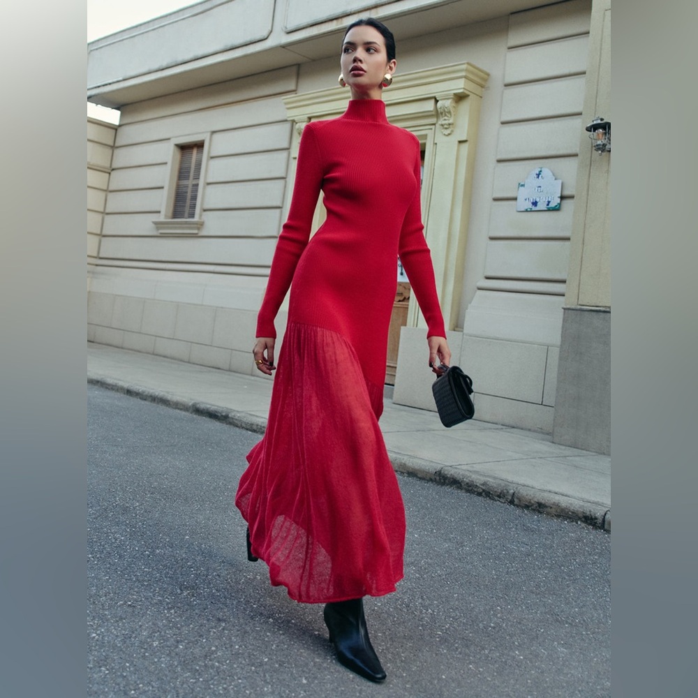 Commense Vibrant Red Long Sleeve Maxi Turtleneck Dress